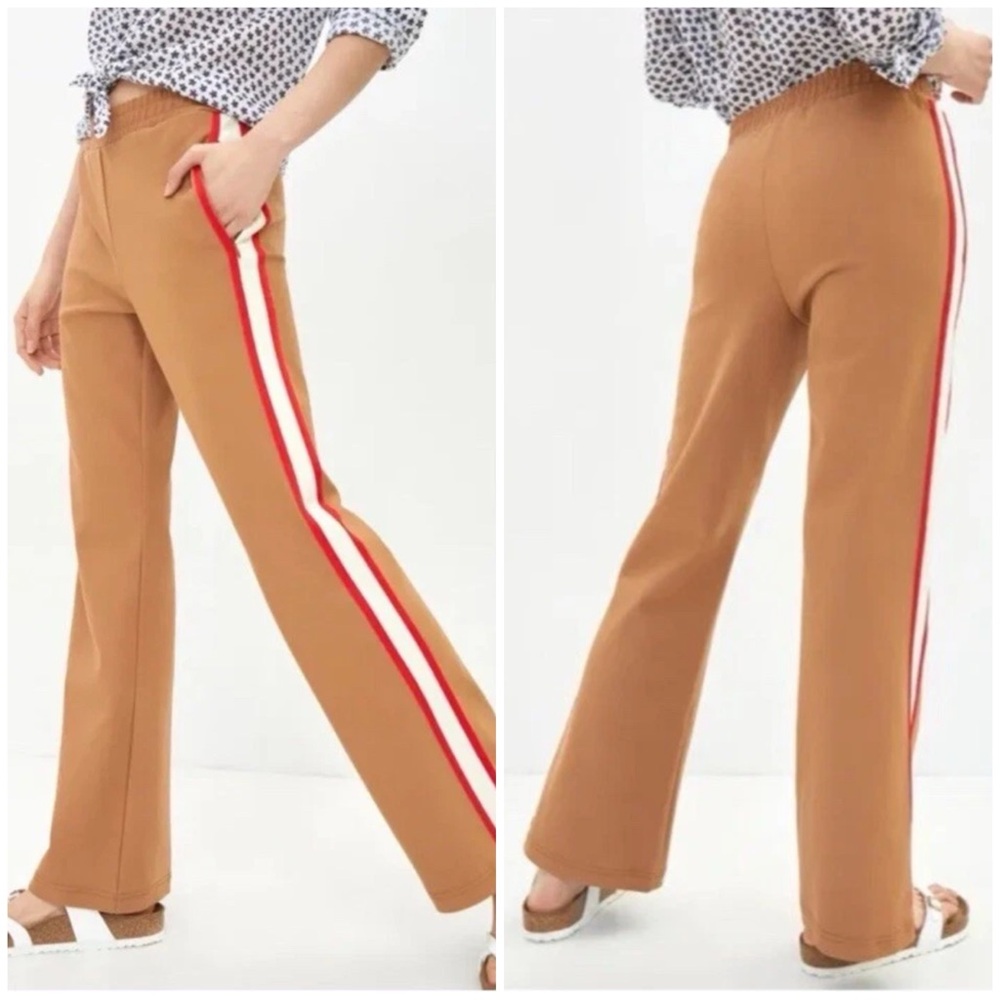 Anthropologie Maeve Martine Ponte track pants Tan with Red Stripe